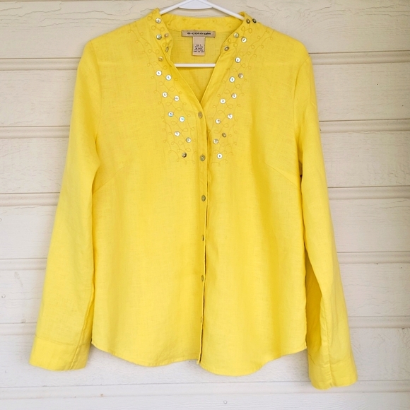 E-col-o-gie Yellow Embroidered 100% Linen Button Front Long Sleeve Shirt Women L - Picture 4 of 9